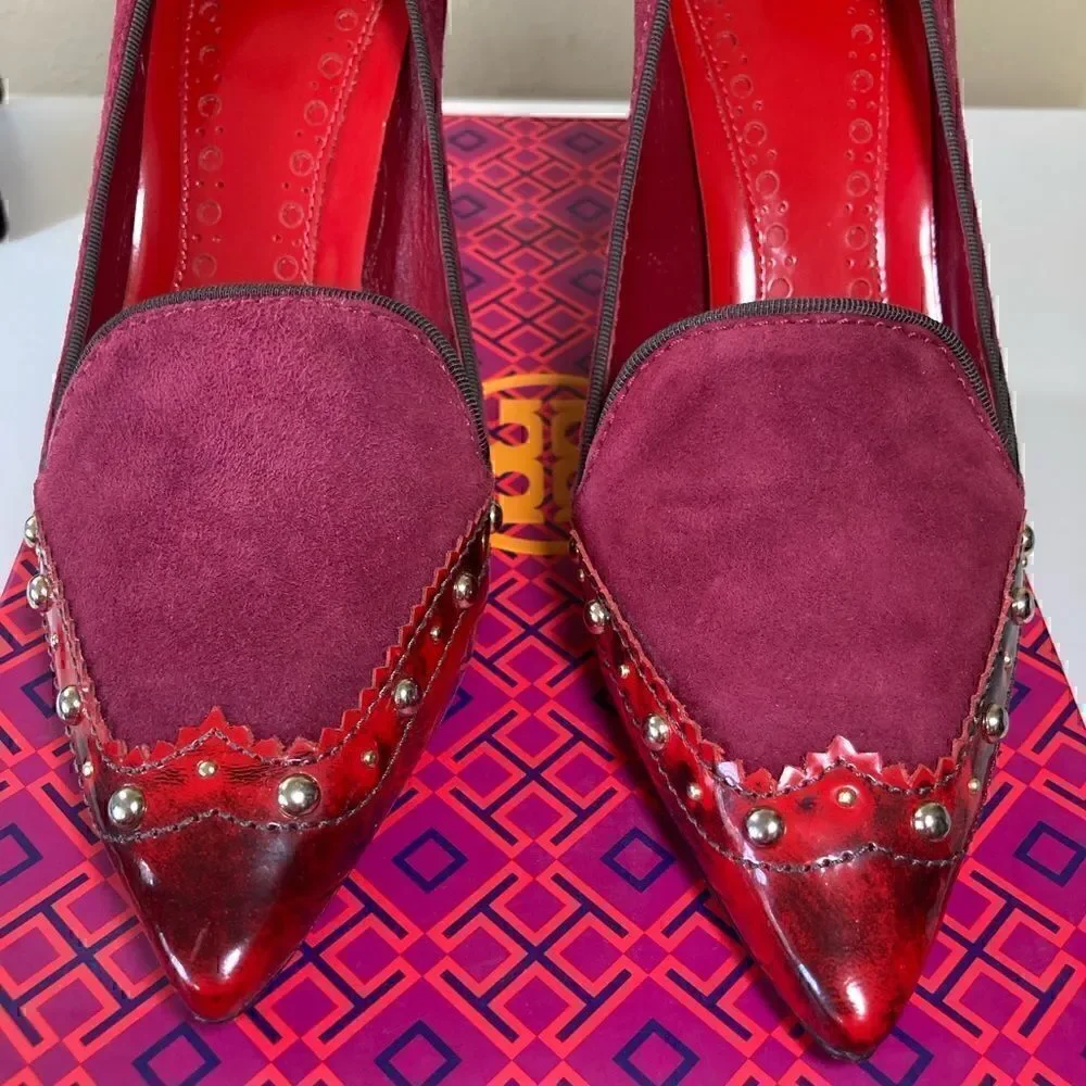 TORY BURCH Red Suede Leather Gold Studded Women’s Pumps Gothic Victorian 7.5 NiB